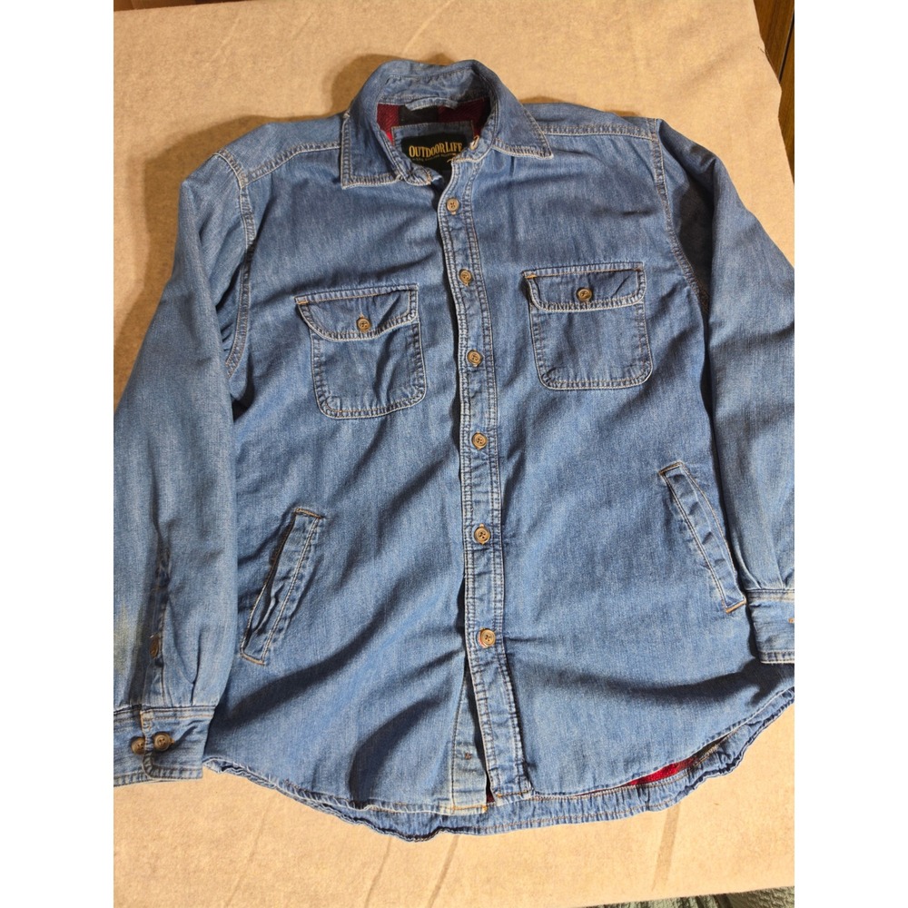 Outdoor Life Mens Blue Denim Shirt Jacket Fleece Lined Buffalo Plaid‎ Medium